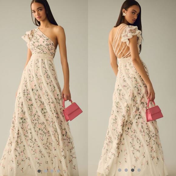 NWT Mac Duggal Cream Floral Embroidered One Shoulder Maxi Dress Sz 8 - Picture 1 of 13